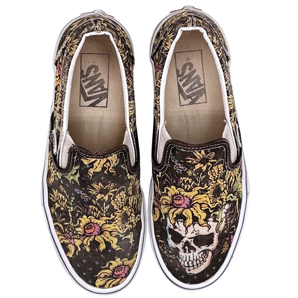 Vans Slip On Skull Floral Print Skate‎ Shoes Men 5 Women 6.5